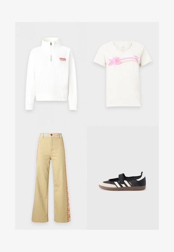 Pull-over blanc à manches longues avec fermeture éclair au quart et logo orange "Rip Curl Surfing Company" sur le côté gauche de la poitrine.; T-shirt blanc à col en V avec des rayures roses et beige, des fleurs d'hibiscus roses, et le logo "Rip Curl" sur la poitrine.; Pantalon beige taille haute à jambes larges avec fermeture à boutons, ceinture à motif floral et bandes latérales aux couleurs pastel.; Baskets noires et beiges avec une bride en velcro, trois bandes blanches sur le côté, et une semelle en caoutchouc marron texturée. Logo de la marque visible.