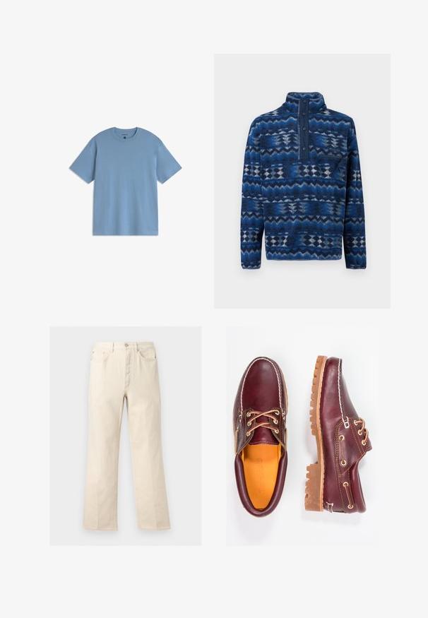 Polaire à motifs bleus avec patte de boutonnage pressionnée, poche poitrine zippée et manches longues, conçue pour une utilisation en extérieur.; T-shirt bleu clair à manches courtes et col rond, coupe décontractée, présenté sur un fond blanc.; Pantalon beige à jambes droites avec poches avant, passants pour ceinture, fermeture par bouton et braguette zippée, présenté sur un fond uni.; Chaussures en cuir bourgogne avec semelles en caoutchouc marron, bout rond, couture blanche et œillets dorés. L'intérieur présente une doublure jaune.