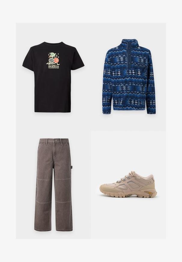 Blå mønstret fleece-trøje med trykknaplukning, lynlåslomme på brystet og lange ærmer, designet til udendørs brug.; Sort bomulds t-shirt med et farverigt grafisk print af en ananas og kirsebær, teksten lyder "Stance Community Run Club." Korte ærmer.; Bredde ben bukser i en falmet brun farve, lavet af holdbart stof med kontrasterende syninger. Har paneldetaljer og en sidelomme.; Beige sportsko med en tekstureret mesh-overdel, syntetisk overlay og en Vibram-sål. Har snøresystem og detaljer på sidepanelet.