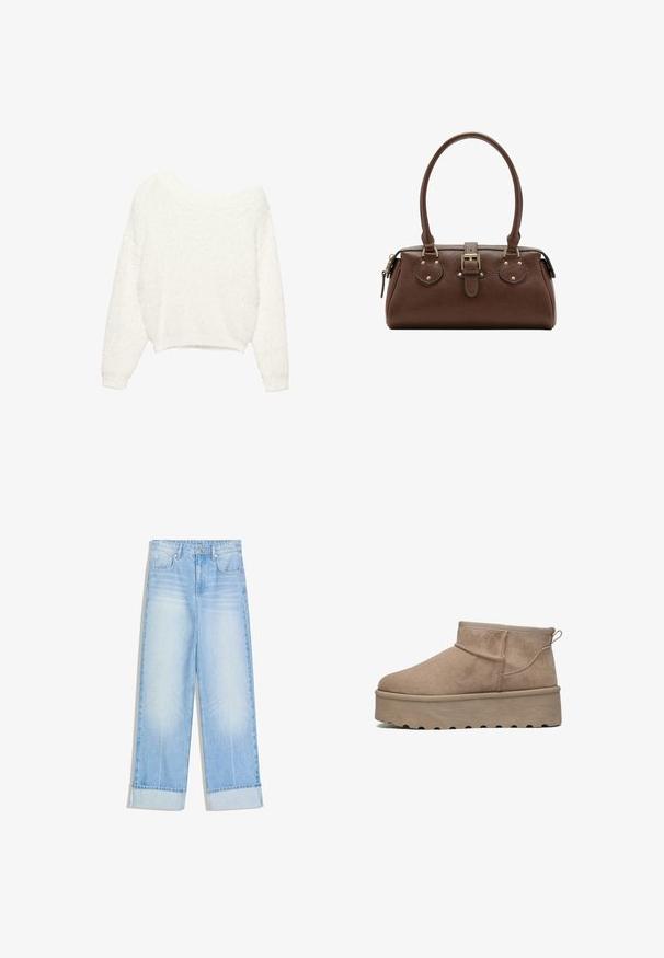 Hvid, blød langærmet sweater med en bred bådformet udskæring og en let kortere kant forneden.; Lyseblå denimjeans med høj talje, vide ben og opkrogede manchetter, med kontrasterende syninger og fem-lomme design.; Beige suede ankelstøvle med rund tå, elastisk krave og en tykk platformsål med dybe riller for greb. Flad, strømlinet design.; Brun læderhåndtaske med to håndtag, en central spænde-strop og guldfarvede beslag, vist mod en hvid baggrund.