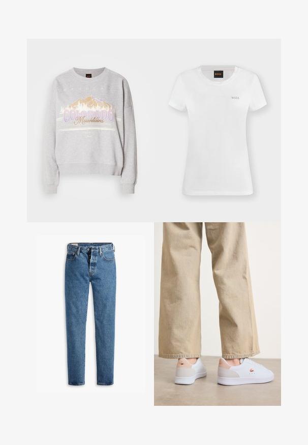 Grijze sweatshirt met een ronde halslijn, lange mouwen en een grafische print van bergen met de tekst "Colorado Mountains." Zachte textuur.; Wit T-shirt met korte mouwen en ronde hals, met een klein gouden "BOSS"-logo op de linkerborst en een zwart label met oranje "BOSS"-tekst aan de binnenkant van de kraag.; Lichtblauwe spijkerbroek met een rechte snit, vijf zakken en een standaard knoopsluiting. Heeft oranje stiksels en een licht vervaagde textuur.; Witte sneakers met een gladde leren afwerking, voorzien van een beige suede accent op de hiel en subtiele branding. Gecombineerd met lichte beige broek.