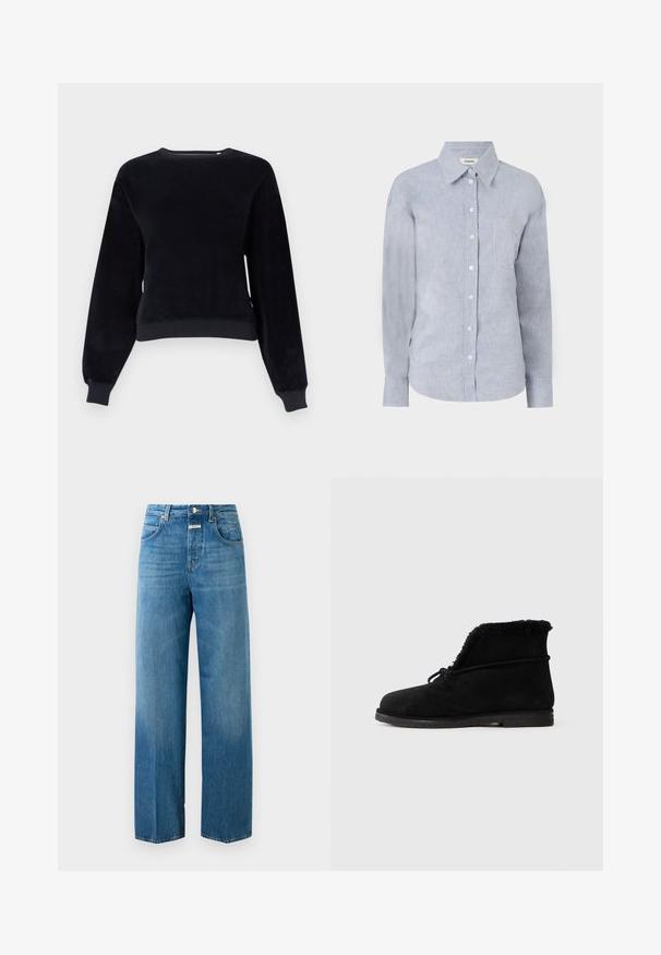 Sweat-shirt court noir en tissu doux, avec manches longues, encolure ronde et poignets côtelés à l'ourlet et aux poignets.; Chemise bouton-uppée bleu clair en tissu texturé, dotée d'un col classique, de manches longues et d'une poche poitrine unique.; Jeans en denim bleu taille haute à jambe droite avec poches avant et arrière, fermeture à bouton et passants de ceinture sur un fond blanc.; Botte de cheville en suede noir avec doublure en fourrure visible à l'ouverture et un lacet noué autour de la partie supérieure.