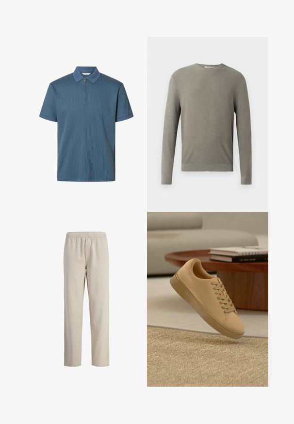 Pull en maille côtelée gris clair à manches longues et col rond. Texture douce et coupe ajustée avec des détails subtils de coutures.; Polo bleu côtelé à manches courtes avec fermeture éclair devant et col et poignets texturés, présenté sur fond blanc.; Pantalon beige à taille élastique, à jambe droite, avec des coutures visibles sur les coutures et sans ornements ni poches supplémentaires.; Baskets beiges à lacets flottant au-dessus d'un tapis texturé avec une table basse en bois et des livres empilés en arrière-plan flou.
