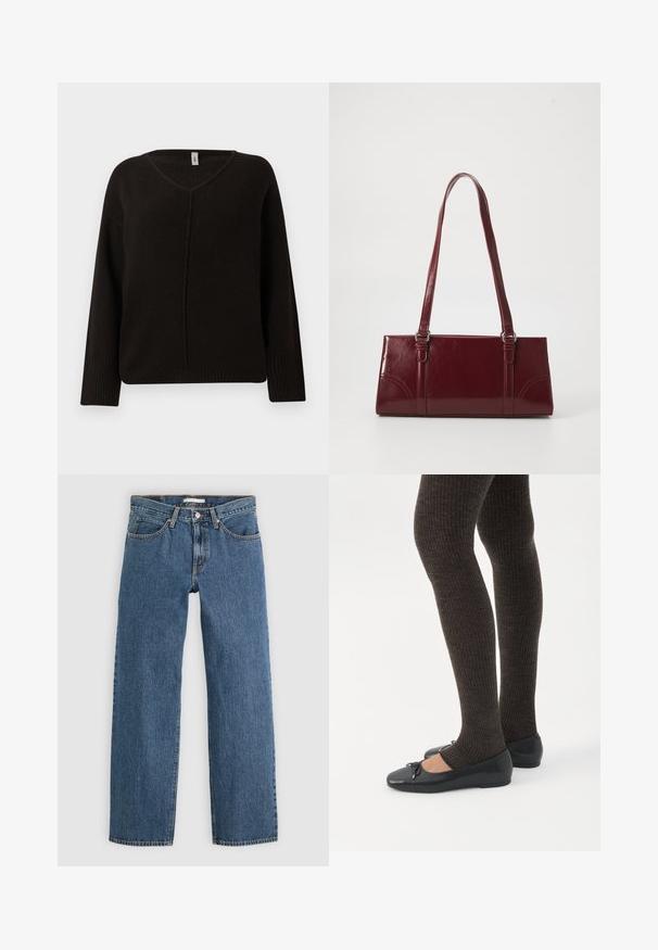 Sort v-hals sweater i et blødt, tekstureret strik. Har lange ærmer med ribbede manchetter og en subtilt syet midtersøm. Løs pasform.; Blå denim jeans med lige pasform, der har fem lommer, knaplukning og kontrastsyninger langs sømmene.; Ben iført mørke ribbede leggings kombineret med sorte balletsko med små sløjfedetaljer på hvid baggrund.; Bordeaux håndtaske lavet af glansfuldt materiale, rektangulær form, med to skulderremme og subtile buede detaljer på forsiden.