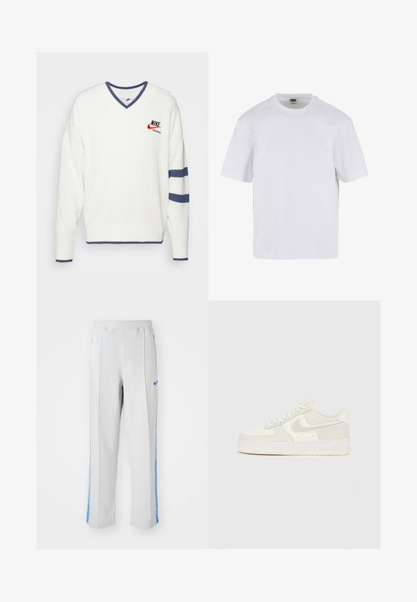 Nike Sportswear NIKE TREND SWEATER - Strickpullover - off-white; Weißes T-Shirt mit kurzen Ärmeln aus Baumwolle. Besitzt einen Rundhalsausschnitt und eine lockere Passform. Glatte Textur, minimalistisches Design, ohne Muster oder Akzente.; Hellegraue Sporthose mit blauen Seitenstreifen, im entspannten Schnitt, mit elastischem Bund und Reißverschlusstaschen. Nike-Logo auf der Vorderseite.; Weiße Nike Air Force 1 Sneaker mit einem glatten Lederobermaterial, hellgrauen Akzenten, Perforationen an der Zehenpartie und einer strukturierten Gummisohle.