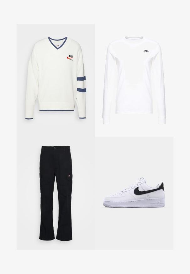 Nike Sportswear NIKE TREND SWEATER - Πουλόβερ - off-white; Λευκό μπλουζάκι με μακριά μανίκια από βαμβάκι, με ένα μικρό μαύρο λογότυπο Nike στην αριστερή πλευρά του στήθους και στρογγυλή λαιμόκοψη. Λείος υφή.; Μαύρο cargo παντελόνι με ίσια γραμμή, φτιαγμένο από ανθεκτικό ύφασμα, διαθέτει πλαϊνές τσέπες και λογότυπο μπατζάκι στην αριστερή πλευρά.; Λευκό δερμάτινο αθλητικό παπούτσι με υφή μαύρου Swoosh, επίπεδα κορδόνια και καουτσούκ σόλα με ραβδωτό σχέδιο. Η λέξη "AIR" είναι ανάγλυφη στην φτέρνα.