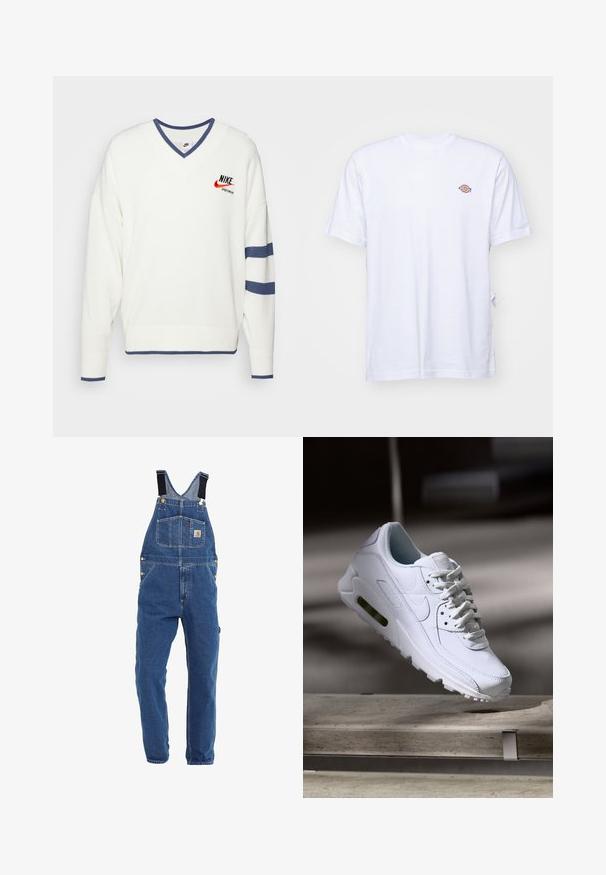 Nike Sportswear NIKE TREND SWEATER - Džemper - off-white; Valge puuvillane T-särk, millel on V-kaelus ja lühikesed varrukad. Ees vasakul rinnal on väike värvikas tikand. Pehme tekstuur.; Keskmise sinise tooniga teksariided, millel on reguleeritavad mustad rihmad, mitmed taskud ja metallist hardware aktsendid.; Valge nahast tennisete õhustuskujuga pinnad, pehmendustega krae ja nähtav õhuklapp tallas. Omab paelu ja minimaliseeritud disaini.