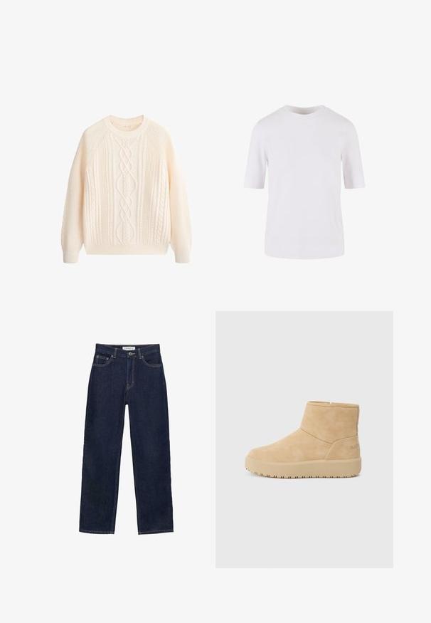 Pull en maille torsadée couleur crème avec manches longues, col rond et motifs tressés complexes à l'avant et aux manches.; T-shirt blanc à manches courtes en coton lisse. Doté d'un col rond et d'une coupe droite, sans motifs ni ornements.; Jean denim bleu foncé à jambe droite avec poches avant et arrière, fermeture à bouton et coutures visibles.; Bottines beige en daim doux avec une finition texturée, arborant un design minimaliste et une semelle en caoutchouc épaisse pour l'adhérence.
