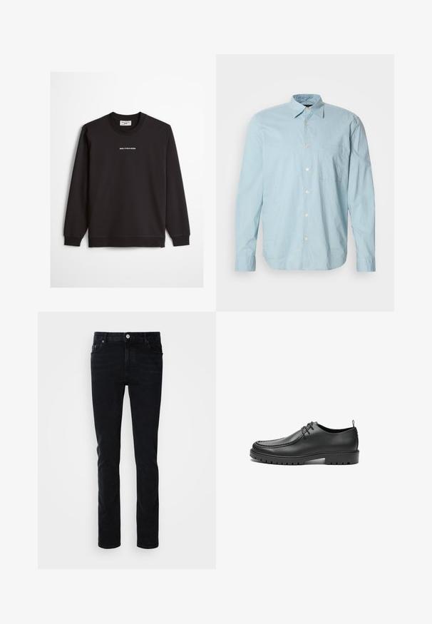 Schwarzes Sweatshirt mit Rundhalsausschnitt und langen Ärmeln, mit dem Schriftzug "MARC O'POLO DENIM" mittig auf der Brust.; Helles blau karierter Langarmshirt mit Button-Down-Kragen, Brusttasche und weißen Knöpfen. Hergestellt aus einem glatten Stoff.; Schwarze Denim-Jeans mit einer schmalen Passform, ausgestattet mit einer Vordertasche, Gürtelschlaufen und einem Knopfverschluss. Glatte Textur, minimalistisches Design.; Schwarze Lederschuhe mit glatter Oberfläche, runder Zehenform und dekorativer Naht. Mit einer Gummisohle mit Traktionsrillen und Schnürdesign.