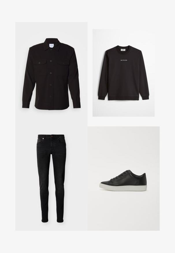 Sort langærmet sweatshirt med rund hals og teksten "MARC O'POLO DENIM" centreret på brystet.; Sort skjorte med lange ærmer, knaplukning foran, to brystlommer og en struktureret krave. Fremstillet af et ensartet stof med en glat tekstur.; Sorte skinny-fit jeans med fem lommer, knaplukning og bæltestropper, vist på en ensfarvet lysegrå baggrund.; Sorte lædersneakers med rund tå, flad hvid gummisål og seks huller til snørebånd. Glat overflade, minimalistisk stil.