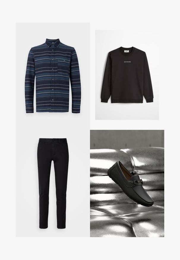 Musta pitkähihaisen pyöreäkauluksinen collegepaita, jossa rintakehän keskellä teksti "MARC O'POLO DENIM".; Pitkähihaista nappihaalaria, jossa on tummansininen tausta vaihtelevilla sinisillä vaakaraitoja, kaulus ja rintatasku. Pehmeä kankaan rakenne.; Mustat housut, jotka on valmistettu sileästä puuvillakankaasta, suoran lahkeen suunnittelulla, etutaskuilla, nappisuljennalla ja siistillä viimeistelyllä.; Musta nahkainen loafer-mokkasiini, jossa metallinen solkisomiste, leijuu kiiltävän hopeanvärisen nahkasohvan yllä.