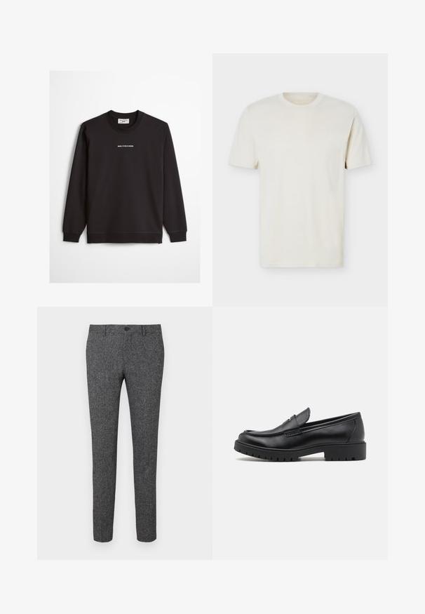 Sweat-shirt noir à manches longues avec col rond, avec le texte "MARC O'POLO DENIM" centré sur la poitrine.; T-shirt à manches courtes couleur blanc cassé uni avec col rond et logo discret sur le côté gauche de la poitrine, présenté sur un fond blanc uni.; Lindbergh PANTS - Pantalon classique - black; Mocassins en cuir noir avec un bout arrondi, un design à enfiler et une semelle en caoutchouc épaisse avec une texture antidérapante. Talon surélevé et détails de surpiqûre subtils.