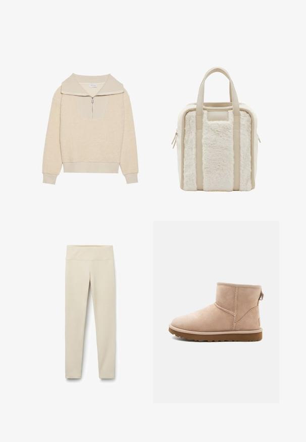 Sudadera de poliéster beige con cuello con cremallera y acentos acanalados. Presenta una superficie texturizada y un corte relajado, ideal para un look casual.; Leggings beige con una cinturilla alta y ancha, fabricados con una tela suave y elástica. Diseño de pierna recta sin costuras o patrones visibles.; Botín de ante beige con punta redonda, acentos cosidos y suela de goma marrón texturizada. Presenta una pestaña en la parte trasera.; Bolso de mano color crema con correas verticales de cuero y paneles de tela suave y aterciopelada, con dos asas y cierre de cremallera en los lados.