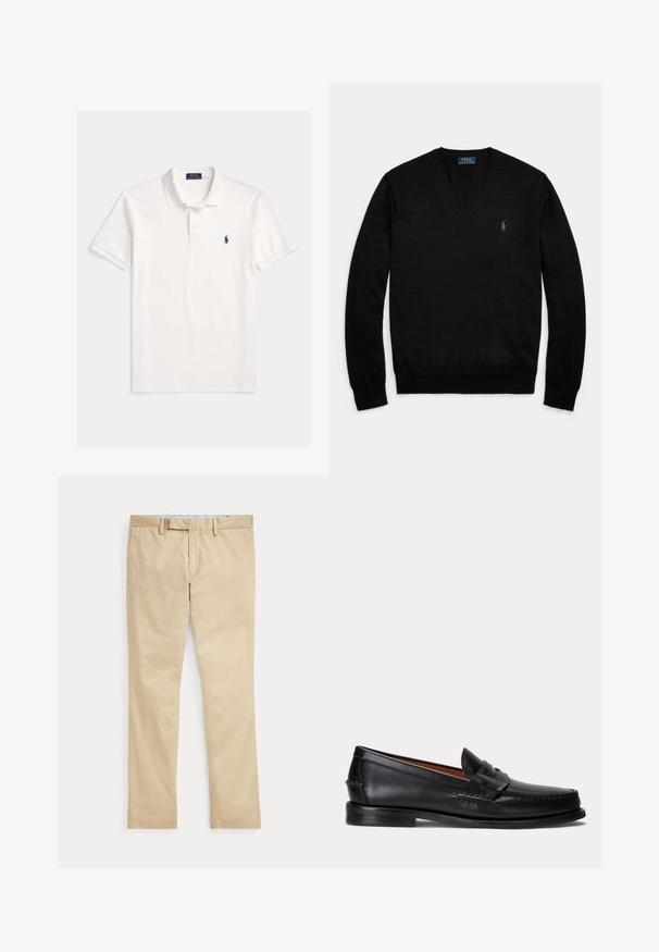 Čierny sveter s dlhým rukávom a výstrihom do V, s rebrovanými manžetami a lemom, s malým vyšívaným logom Polo Ralph Lauren na ľavej strane hrudníka.; Biela krátky rukáv Polo Ralph Lauren košeľa s golierom, zapínaním na dva gombíky a malým tmavomodrým vyšívaným logom koňa na ľavej strane hrudníka.; Béžové nohavice s rovnými nohavicami, s pútkami na opasok a predným zipsom, položené na bielom pozadí.; Čierny kožený mokasín s nízkym podpätkom a detailom s penny remienkom, zobrazený z boku na svetlosivom pozadí.