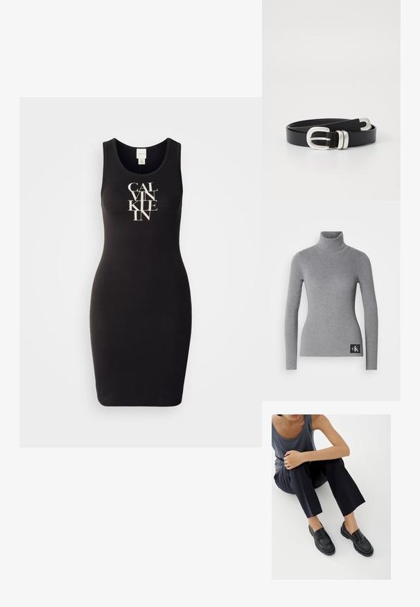Grå ribbet turtleneck trøje med lange ærmer, tætsiddende design og et sort mærke med hvide initialer i bunden.; Sort tank kjole lavet af blødt bomuld med en tætsiddende pasform. Har et logo print i hvid, som viser fed, stiliseret tekst foran.; Sorte læderloafers med teksturerede detaljer, lav hæl, rund tå og synlige syninger. Modellen bærer mørke bukser og en grå top.; Sort læderbælte med en sølvfarvet dobbeltspænde. Glat tekstur, flad form, med huller til justering og et slankt design.