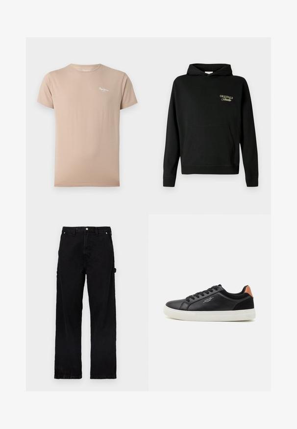 Sweat à capuche noir avec poche avant et petit texte beige "ORIGINALS Studio" sur la poitrine gauche.; T-shirt beige manches courtes à col rond avec petit logo blanc « Pepe Jeans » sur la partie haute gauche de la poitrine.; Pantalon en denim noir à coupe droite, doté d'une braguette à boutons et fermeture éclair, de poches latérales et de légères variations de texture.; Baskets en cuir noir avec semelle en caoutchouc blanc, bout arrondi, fermeture à lacets et accent de talon en suède marron contrastant. Design minimaliste.