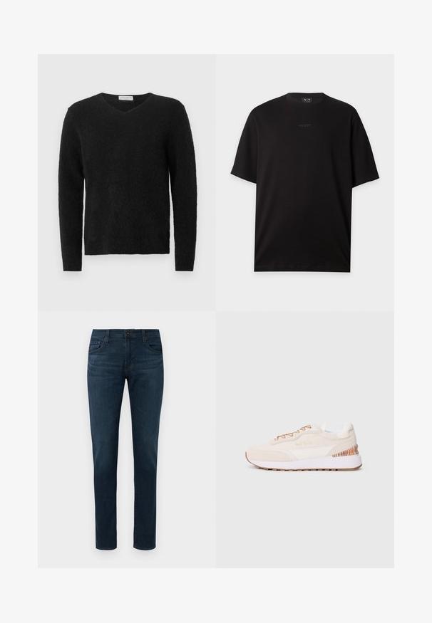 Zwarte, fluffy V-hals trui met lange mouwen en een relaxte pasvorm. Gemaakt van zacht materiaal, met een gladde, gestructureerde oppervlakte.; Zwart T-shirt met korte mouwen en ronde hals met een klein gecentreerd Armani Exchange-logo op de borst.; Donkerblauwe slim-fit jeans met vijf zakken, sluiting met een knoop aan de voorkant en ritssluiting, tentoongesteld tegen een witte achtergrond.; Sneakers met een beige suède bovenkant, witte accenten, een brown rubberen zool en kleurrijke gestreepte details op de hiel; heeft brown veters.