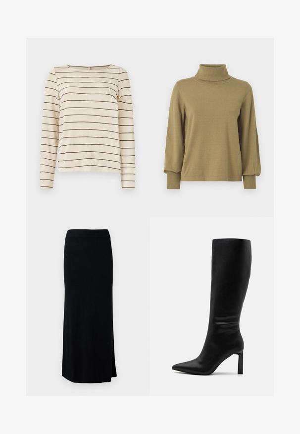 VILA VIAMANDA TURTLE NECK - Striktrøje - gothic olive; Beige langærmet top med mørkebrune vandrette striber, med rund halsudskæring og blød tekstur. Enkel og alsidig design.; Sort, lang, strikket nederdel med en sideslids. Har en strækbar talje og en glat tekstur. Enkel, tætsiddende design. Ingen synlige mønstre eller detaljer.; Even&Odd Høje støvler/ Støvler - black