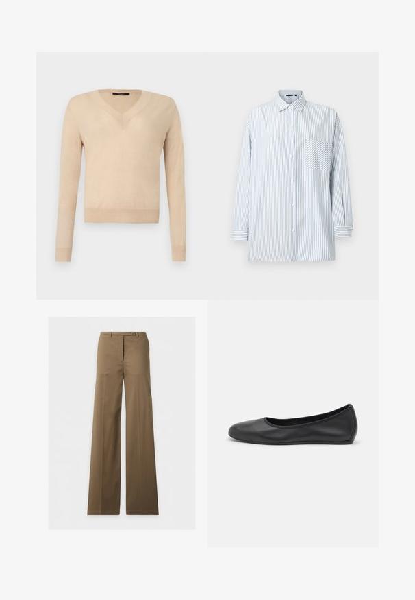 Pull beige à manches longues avec encolure en V, poignets et ourlet côtelés, tissu tricoté uni, présenté sur un fond blanc.; Chemise boutonnée à rayures verticales bleu clair et blanc, manches longues, poche poitrine, en tissu lisse, et dotée d'un col classique.; Pantalon marron taille haute à jambes larges, avec passants de ceinture, fermeture à bouton et plis marqués sur le devant, présenté sur fond blanc.; Ballerines en cuir noir avec un bout rond, texture lisse, détails de couture minimalistes et design de semelle flexible.