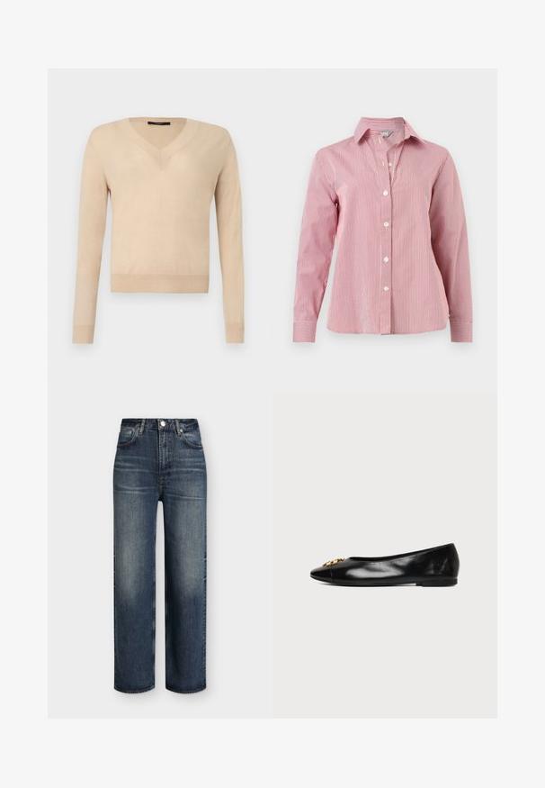 Pull beige à manches longues avec encolure en V, poignets et ourlet côtelés, tissu tricoté uni, présenté sur un fond blanc.; Chemise à manches longues à rayures verticales rouges et blanches, boutonnée, avec col et poignets, présentée à plat sur un fond blanc.; Jean droit taille haute bleu foncé avec poches avant, passants de ceinture, fermeture par bouton et détails délavés subtils sur les cuisses et les genoux.; Chaussure plate en cuir noir avec un bout pointu et un emblème décoratif doré sur fond blanc uni.