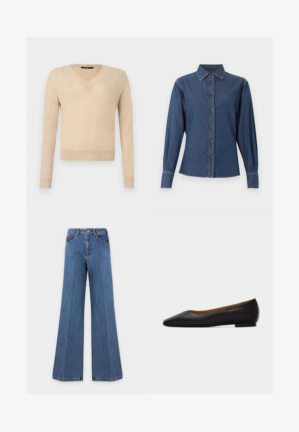 Pull beige à manches longues avec encolure en V, poignets et ourlet côtelés, tissu tricoté uni, présenté sur un fond blanc.; Chemise en denim bleu foncé à manches longues avec boutons sur le devant, col pointu et coutures blanches visibles le long des coutures et des poignets.; Jeans en denim bleu à jambes larges avec poches avant, passants de ceinture, fermeture à boutons et coutures visibles sur un fond clair uni.; Chaussure plate en cuir noir à bout pointu avec talon bas et finition lisse, vue de côté sur un fond gris clair.