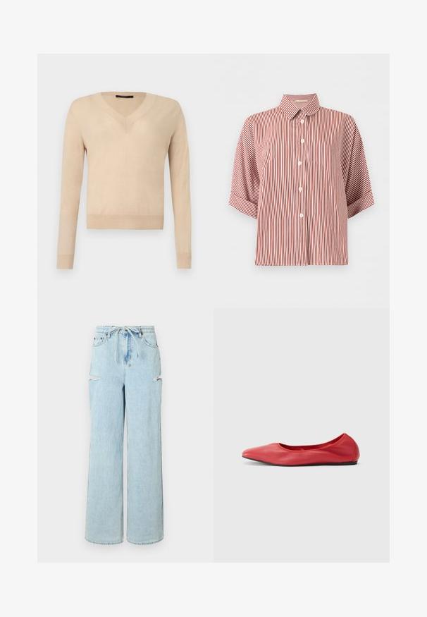 Suéter beige de manga larga con cuello en V, puños y dobladillo acanalados, tejido liso, presentado sobre un fondo blanco.; Camisa de manga corta con botones, de rayas verticales rojas y blancas, con cuello clásico.; Jeans de mezclilla de tiro alto en un azul claro, con pierna ancha y cintura con cordón. Presentan dos desgastes en las rodillas y un dobladillo limpio. Textura suave y corte relajado.; Filippa K REY FLATS - Bailarinas - bright red