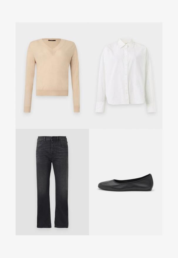 Beige langærmet V-hals sweater med ribbede ærmekanter og kant, ensfarvet strikstof, vist på hvid baggrund.; Hvid langærmet skjorte med knapper, spids krave og manchetter, vist på en ensfarvet hvid baggrund.; Sorte denimjeans med lige ben, der har et klassisk fem-lomme design, knaplukning og subtilt slid på stoffet.; Sort læderballetsko med rund tå, glat tekstur, minimal syning og et fleksibelt såldesign.