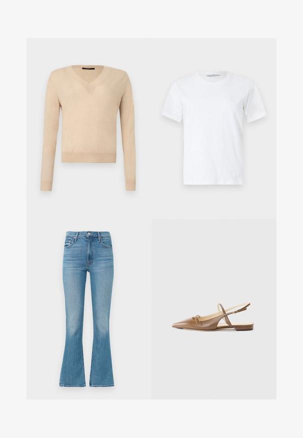Beige langærmet V-hals sweater med ribbede ærmekanter og kant, ensfarvet strikstof, vist på hvid baggrund.; Ren hvid kortærmet rundhalset t-shirt lagt fladt på en lys baggrund, der viser forfra med et lille synligt mærkelabel inde i kraven.; Lysblå flagrende jeans lavet af denim, med høj talje, fem-lomme design og minimalistisk syning med en falmet finish i kanten.; Brune lædersandaletter med spidse tæer, to smalle stropper og en lav hæl. Glat tekstur med en poleret finish.