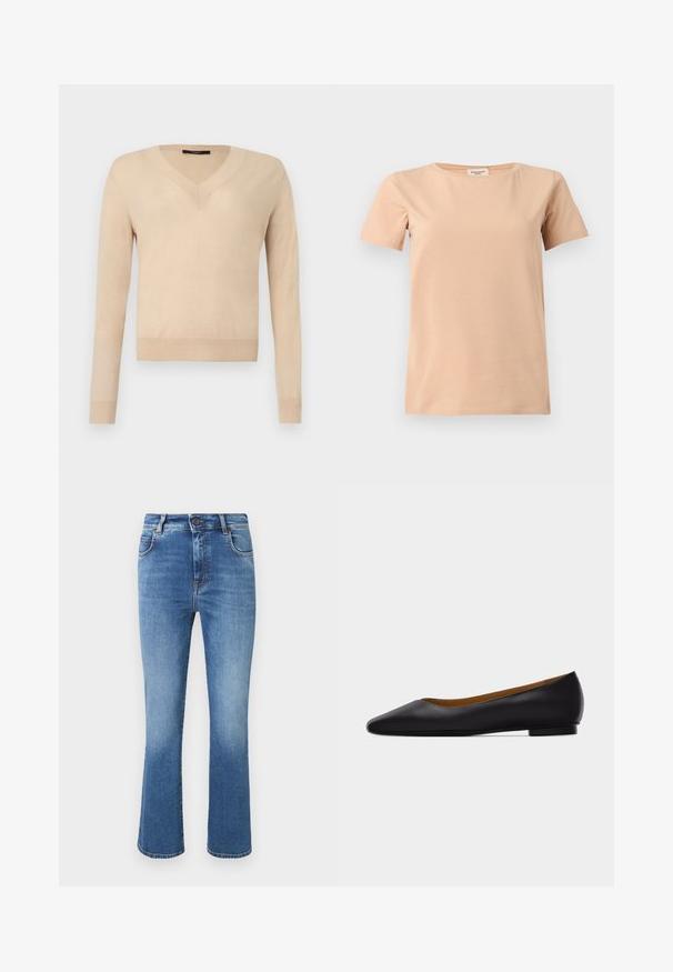 Beige long-sleeve V-neck sweater with ribbed cuffs and hem, plain knit fabric, displayed on a white background.; Beige short-sleeve crew neck T-shirt with a straight hem on a plain light gray background.; High-waisted blue denim jeans with slight flare leg, five pockets, button closure, and subtle fading down the front.; Black leather pointed-toe flat shoe with low heel and smooth finish, shown from side on a light gray background.