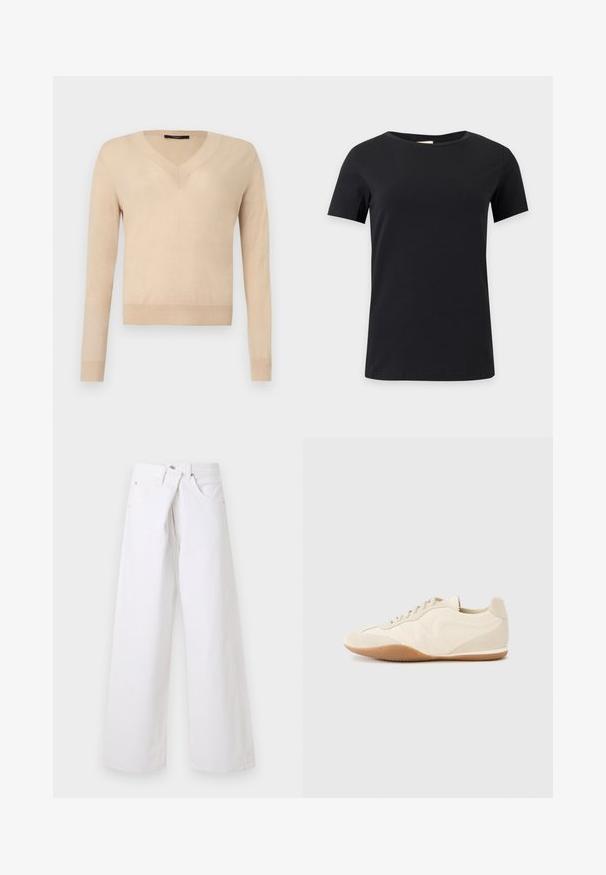 Pull beige à manches longues avec encolure en V, poignets et ourlet côtelés, tissu tricoté uni, présenté sur un fond blanc.; T-shirt noir uni à manches courtes et col rond, présenté sur un fond blanc, vue de face avec un design simple et épuré.; Jean en denim blanc à jambes larges avec poches avant, passants pour ceinture et fermeture par bouton, présenté sur un fond clair uni.; Baskets beige clair avec une tige en cuir texturé, des panneaux latéraux texturés et une semelle en caoutchouc. Dotées d'un design fin et épuré ainsi que de lacets plats.