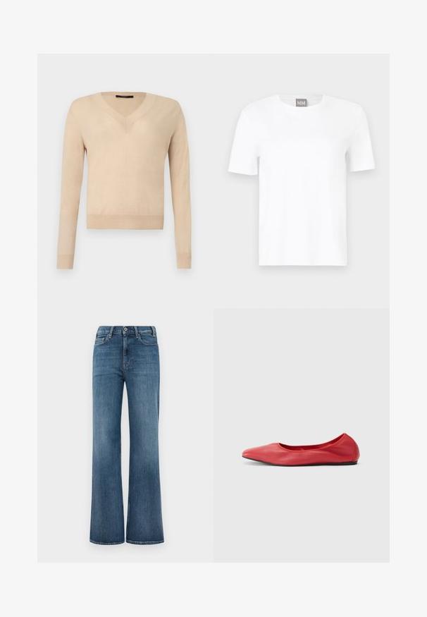 Beige langærmet V-hals sweater med ribbede ærmekanter og kant, ensfarvet strikstof, vist på hvid baggrund.; Hvid kortærmet T-shirt med rund hals, vist på en neutral baggrund, med en lille grå mærkat med "MM" ved kraven.; Blå denimjeans med bred benklip, knap- og lynlåslukning samt for- og baglommer, præsenteret på en simpel hvid baggrund.; Filippa K REY FLATS - Ballerinasko - bright red
