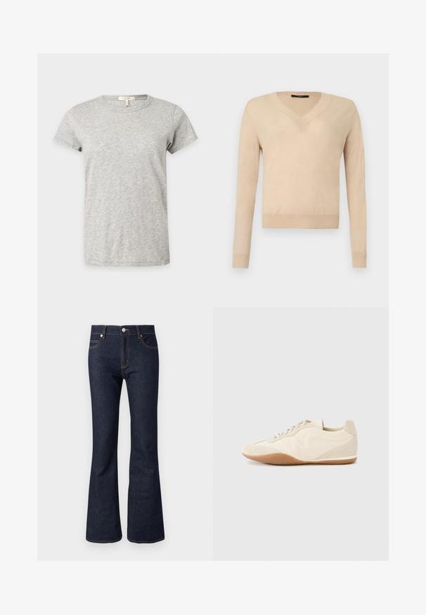 Pull beige à manches longues avec encolure en V, poignets et ourlet côtelés, tissu tricoté uni, présenté sur un fond blanc.; T-shirt gris clair à manches courtes et col rond avec un motif chiné subtil affiché sur un fond uni.; Jean en denim foncé évasé avec une taille haute, présentant des coutures visibles, une fermeture à boutons sur le devant et un design classique à cinq poches.; Baskets beige clair avec une tige en cuir texturé, des panneaux latéraux texturés et une semelle en caoutchouc. Dotées d'un design fin et épuré ainsi que de lacets plats.