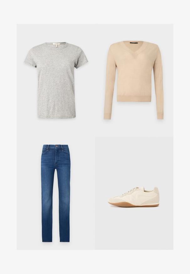 Pull beige à manches longues avec encolure en V, poignets et ourlet côtelés, tissu tricoté uni, présenté sur un fond blanc.; T-shirt gris clair à manches courtes et col rond avec un motif chiné subtil affiché sur un fond uni.; Jean skinny bleu foncé avec cinq poches et fermeture par bouton, présenté sur un fond clair uni.; Baskets beige clair avec une tige en cuir texturé, des panneaux latéraux texturés et une semelle en caoutchouc. Dotées d'un design fin et épuré ainsi que de lacets plats.