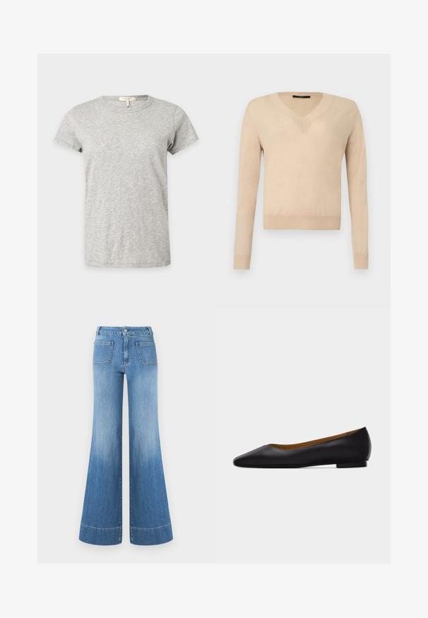Pull beige à manches longues avec encolure en V, poignets et ourlet côtelés, tissu tricoté uni, présenté sur un fond blanc.; T-shirt gris clair à manches courtes et col rond avec un motif chiné subtil affiché sur un fond uni.; Jean en denim bleu clair à coupe évasée avec une taille haute, présentant un lavage délavé, des coutures contrastantes et deux poches arrière. Bas évasé avec ourlets.; Chaussure plate en cuir noir à bout pointu avec talon bas et finition lisse, vue de côté sur un fond gris clair.