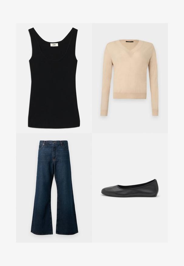 Suéter beige de manga larga con cuello en V, puños y dobladillo acanalados, tejido liso, presentado sobre un fondo blanco.; Tirante negro hecho de una tela suave con un escote redondeado y tirantes anchos. Presenta una forma ajustada y un diseño limpio y sin costuras.; Vaqueros de mezclilla de pierna ancha en azul oscuro, con una cintura alta, diseño de cinco bolsillos y costuras en naranja contrastante a lo largo de las costuras.; Bailarina de piel negra con punta redondeada, textura suave, detalle de costura minimalista y diseño de suela flexible.