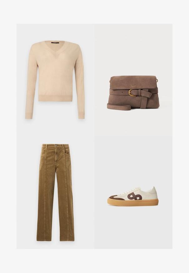 Beige langærmet V-hals sweater med ribbede ærmekanter og kant, ensfarvet strikstof, vist på hvid baggrund.; Brune kordfløjspants med lige ben design, der har forlommer og synlige sømme langs kanterne. Tekstileret stof med smalle ribber.; Sko med en overdel i cremefarvet kanvas, brune suedelogoer, et stort stiliseret logo og en beige gummisål med tekstureret greb.; Brun ruskind crossbody taske med frontklap, dekorativt rem med guldbeslag og tynd skulderrem på hvid baggrund.