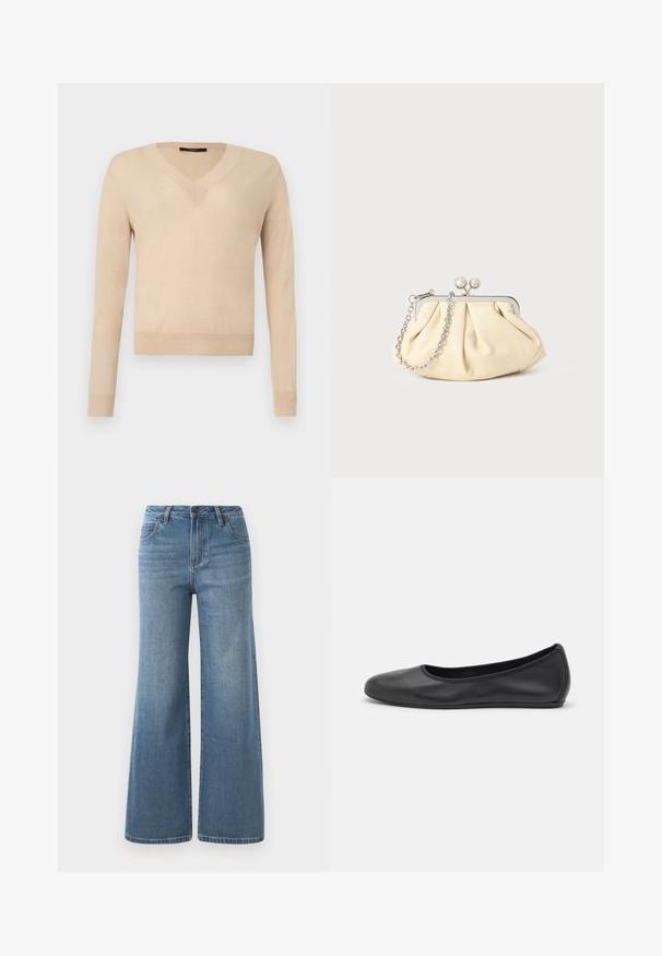 Beiger Pullover mit V-Ausschnitt und langen Ärmeln, mit gerippten Bündchen und Saum, aus einfarbigem Strickstoff, vor weißem Hintergrund angezeigt.; Hellblaue, weit geschnittene Denim-Jeans mit hoher Taille, Knopf- und Reißverschluss sowie Fronttaschen.; Schwarze Leder-Ballettschuhe mit abgerundeter Spitze, glatter Textur, minimalen Nähdetails und einem flexiblen Sohlen-Design.; Faltige beigefarbene Ledertasche mit einem silbernen Metallrahmen, ausgestattet mit zwei runden dekorativen Verschlüssen und einem silbernen Kettenriemen.