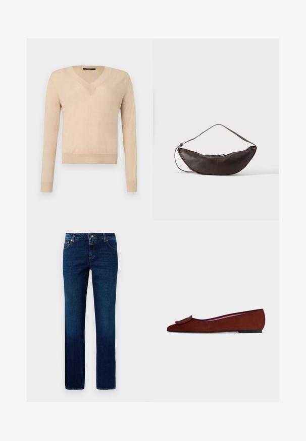 Beige trui met lange mouwen en V-hals, geribbelde manchetten en zoom, effen gebreide stof, weergegeven op een witte achtergrond.; Donkerblauwe denim jeans met een rechte pijpontwerp, voorzien van een klassieke tailleband, vijf zakken en subtiele stiksels op de naden.; Platte bruine suède damesschoen met spitse neus en grote decoratieve gesp bovenop tegen een effen achtergrond.; Donkerbruine leren schoudertas in halve maan vorm met een gebogen band en zichtbare stiksels op een effen achtergrond.