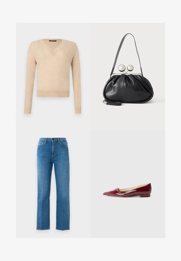 Beige langærmet V-hals sweater med ribbede ærmekanter og kant, ensfarvet strikstof, vist på hvid baggrund.; Lige ben, blå denim jeans med forlommer, bæltestropper, lynlås og knaplukning mod en ensfarvet hvid baggrund.; Bordeaux patenteret læderballerinaer med spids tå, der har en lille udskæring og en lav hæl. Glat tekstur og elegant design.; Sort læderhåndtaske med opsamlet design, en enkelt rem, sølv metalramme og to store runde sølv lukninger.