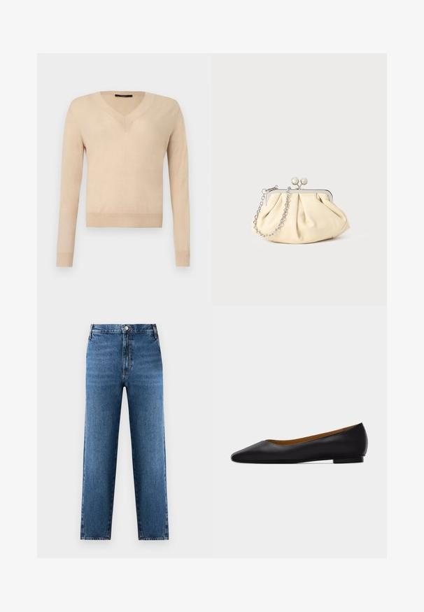 Pull beige à manches longues avec encolure en V, poignets et ourlet côtelés, tissu tricoté uni, présenté sur un fond blanc.; Jean droit bleu à taille haute, fabriqué en denim. Présente une fermeture à bouton et zip à l'avant, avec un léger délavage sur le tissu.; Chaussure plate en cuir noir à bout pointu avec talon bas et finition lisse, vue de côté sur un fond gris clair.; Pochette en cuir beige plissé avec un cadre en métal argenté, dotée de deux fermoirs ronds décoratifs et d'une chaîne en argent.