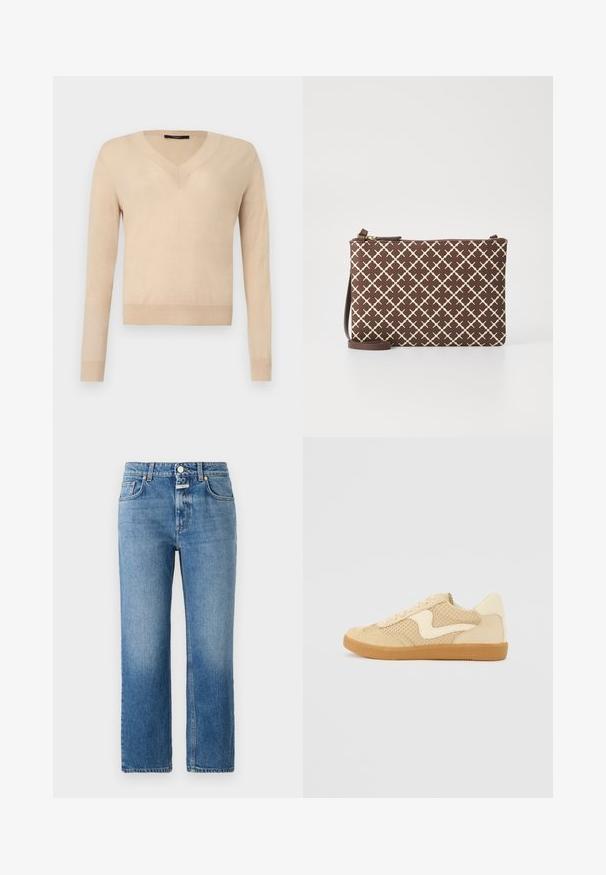 Beige trui met lange mouwen en V-hals, geribbelde manchetten en zoom, effen gebreide stof, weergegeven op een witte achtergrond.; CLOSED MILO - Straight leg jeans - mid blue; Beige sneaker van suede en mesh materialen, ronde vorm, opvallende gepolsterde kraag en een gumrubberen zool. Kenmerkt zich door een golvend ontwerp accent.; Bruine clutch tas met een geometrisch patroon in lichtbeige, voorzien van een ritssluiting en een verstelbare bruine schouderband.