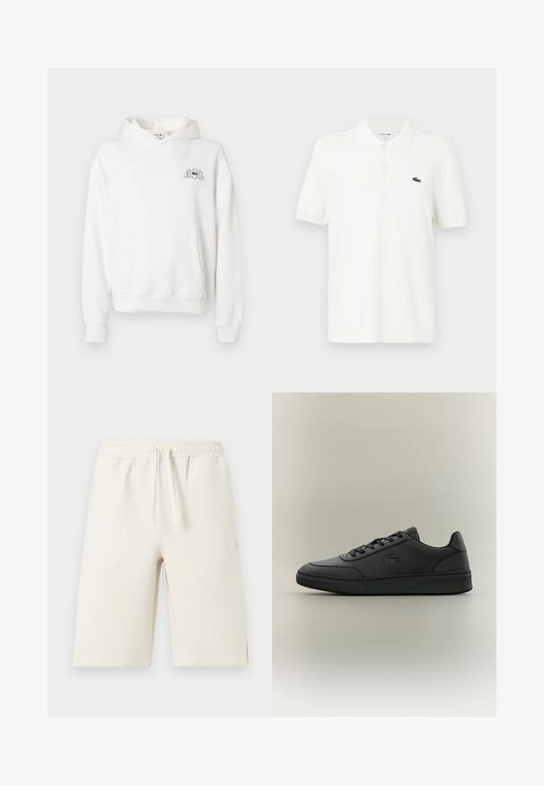 Sweat à capuche blanc avec une poche avant, une capuche avec cordon de serrage, des poignets et un ourlet côtelés, arborant un logo Lacoste noir brodé sur le côté gauche de la poitrine.; Polo-shirt blanc en coton lisse avec un col classique, patte de boutonnage à trois boutons et un petit logo crocodile vert sur la poitrine.; Shorts en coton beige clair avec taille élastique, cordon de serrage et poches latérales. Texture lisse, longueur genou avec ourlets cousus.; Baskets noires en matériau synthétique lisse, avec un design bas, bout rond, système de laçage à l'avant, logo en relief et semelle texturée.