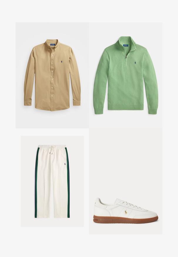 Zelený pletený pulóver so zipsom na golieri, rebrovanými manžetami a spodným lemom. Na hrudi má malú modrú logo. Textúrovaná látka.; Polo Ralph Lauren Košeľa - surrey tan; Biele tepláky so sťahovacou šnúrkou, námorníckymi modrými a zelenými bočnými pruhmi a malým námorníckomodrým logom hráča póla na pravom stehne.; Biele nízke tenisky s hnedou podrážkou, šnurovaním vpredu a malým zlatým logom Polo Ralph Lauren na boku.