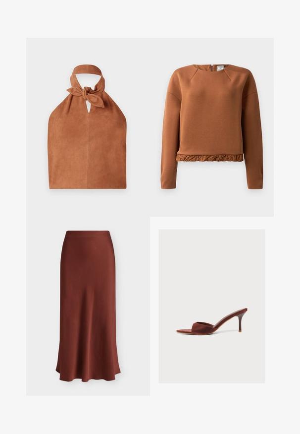 Brauner Pullover mit Rundhalsausschnitt, langen Ärmeln und einem gerafften Saum. Hergestellt aus glattem Stoff mit einem dezenten Glanz und einem Reißverschluss auf der Rückseite.; Halter-Style Tasche aus weichem braunem Wildleder mit einem geknoteten Oberteil und einem Schlüsselloch-Ausschnitt. Hat eine glatte Textur und ein minimalistisches Design.; Langer brauner Satinrock mit glattem, leicht ausgestelltem Saum, vor schlichtem weißem Hintergrund präsentiert. Keine sichtbaren Muster oder Verzierungen.; Brauner Open-Toe-Mule mit einem schlanken, mittelhohen Absatz und einem breiten Riemen vorne auf weißem Hintergrund.