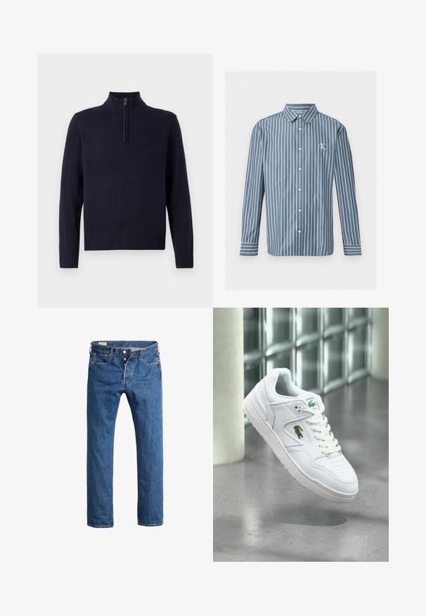 Navyblaues Sweatshirt mit einem halben Reißverschlusskragen, langen Ärmeln und geripptem Saum und Bündchen. Glatte Textur mit einem dezenten Logo-Detail auf der Brust.; Blaues langärmeliges Hemd mit weißen vertikalen Streifen und kleinem weißem „CK“-Logo auf der linken Brust.; Blaue Denim-Jeans mit geradem Bein, Frontknopfverschluss, Gürtelschlaufen und klassischem Fünf-Taschen-Stil.; Weißer Lacoste-Sneaker mit grünem Krokodil-Logo an der Seite und auf der Zunge, schwebend über einem grauen Boden vor einer Glasbaustein-Wand.