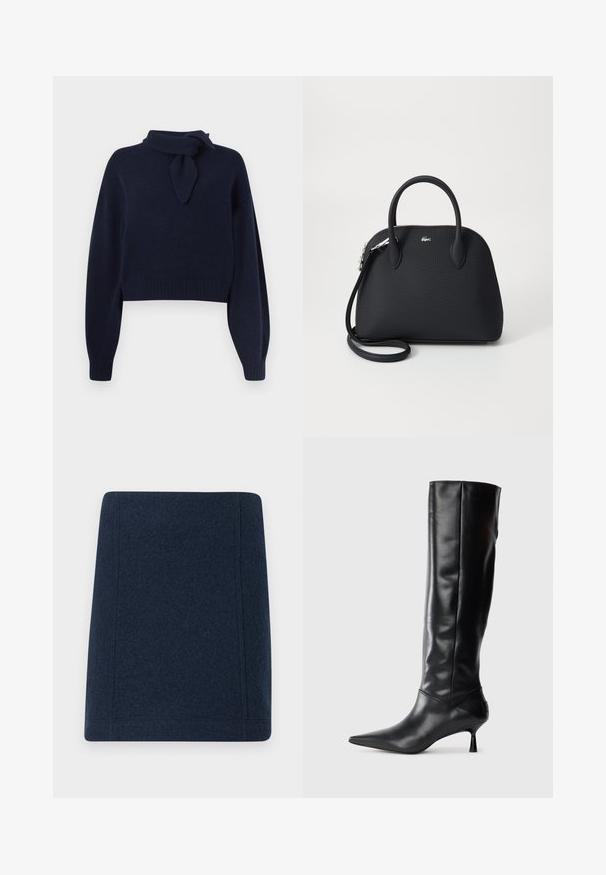 Marineblåt cropped sweater lavet af blødt strikket stof, med en mock neck og en bundet scarf-detalje, samt ribbede håndled og kant.; Marine uld mini nederdel med en lige form, flade sømme og en glat tekstur. Ingen synlige mønstre eller udsmykninger.; Sorte læder knæhøje støvler med spids tå og slank buet hæl. Glat tekstur, tætsiddende design og ingen synlig hardware eller mønstre.; Sort håndtaske lavet af tekstureret materiale, med to top håndtag og en aftagelig skulderrem, prydet med et sølv logo.