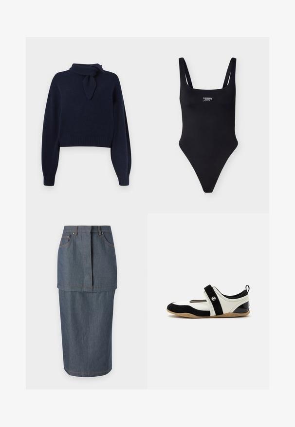 Marineblåt cropped sweater lavet af blødt strikket stof, med en mock neck og en bundet scarf-detalje, samt ribbede håndled og kant.; Sort ærmeløst bodystocking med firkantet halsudskæring og "tommy jeans" logo i hvidt centreret på brystet.; Jeanskjorte i en mørkeblå nuance, med forlommer, en tætsiddende talje og en knælængde, prydet med kontraststing.; Sort-hvid Mary Jane stil atletiksko med en enkelt rem og beige sål, der viser logo på siden og på hælflappen.