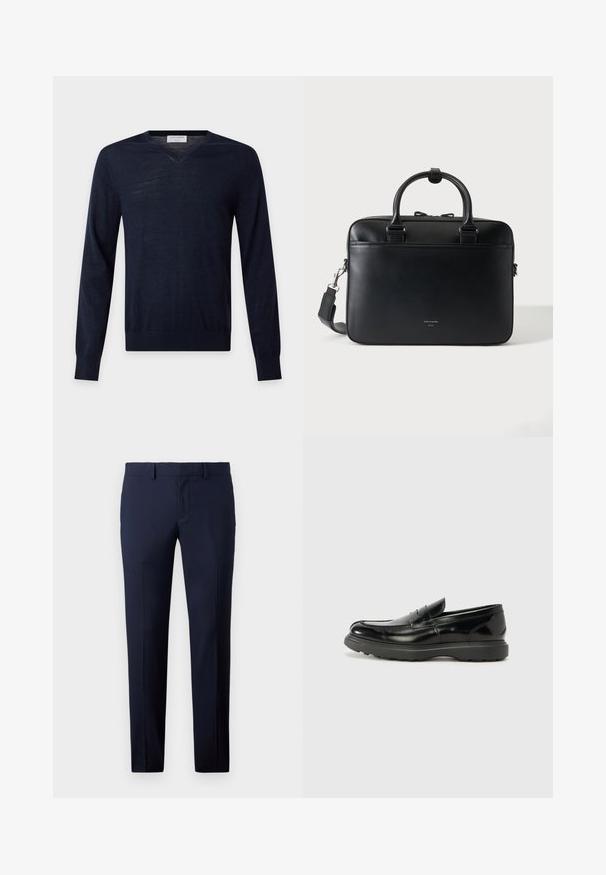 Suéter azul marino de manga larga con cuello en V, bajo y puños acanalados, mostrado sobre un fondo claro y liso.; Pantalones ajustados de color azul marino con corte entallado, piernas rectas, textura suave y presillas para cinturón, adecuados para vestimenta formal o de negocios.; Mocasín de cuero negro con un acabado brillante, punta redondeada, detalles de costura sutiles y una suela de goma gruesa para mayor durabilidad.; Maletín de cuero negro con asas dobles y correa de hombro desmontable, diseño minimalista sobre fondo liso.