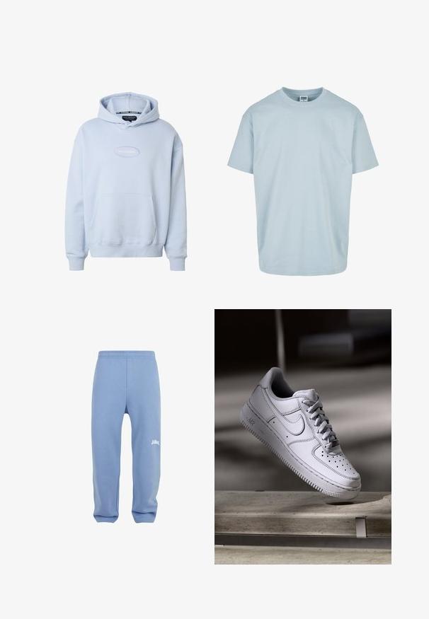 Φωτεινό γαλάζιο φούτερ Rocawear με τσέπη μπροστά, κουκούλα και λευκό κεντημένο λογότυπο στο κέντρο του στήθους.; Ανοιχτό μπλε κοντομάνικο μπλουζάκι φτιαγμένο από απαλό βαμβάκι. Διαθέτει στρογγυλή λαιμόκοψη και άνετη εφαρμογή χωρίς ορατά σχέδια ή διακοσμήσεις.; Ανοιχτό μπλε φόρμες από ύφασμα με ελαστική μέση, στενές στο κάτω μέρος και λευκό λογότυπο στο αριστερό μηρό. Κατασκευασμένες από μαλακό, υφασμάτινο υλικό.; Λευκό δερμάτινο αθλητικό παπούτσι Nike Air Force 1 με διάτρητο μπροστινό μέρος, επίπεδα κορδόνια και υφή στην καουτσούκ σόλα με το λογότυπο "AIR" στην πλευρά.