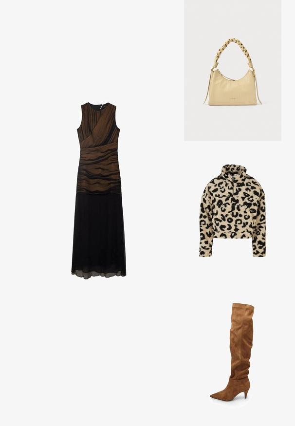 Beige sherpa fleece trøje med sort uregelmæssigt leopardprint, høj krave, halv lynlås, lange ærmer og forlomme.; Maxi kjole med ærmeløst design. Toppen har brune og sorte strukturerede striber, mens nederdelen er ensfarvet sort med en glat finish.; Højbrune ruskindsstøvler med et slouchy design, spidse tå og lav hæl. Har en glat overflade og minimalistisk stil.; Beige læderhåndtaske med struktureret lodret stribedesign, flettet håndtag og guldfarvede hardware-detaljer.